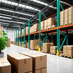 **

"A vibrant, modern warehouse interior showcasing green logistics practices. Focus on eco-friendly packaging, optimized routing displays, and employees using tablets to manage sustainable supply chain data. The overall scene emphasizes efficiency and environmental responsibility, incorporating elements of nature (e.g., plants, natural light)."

**