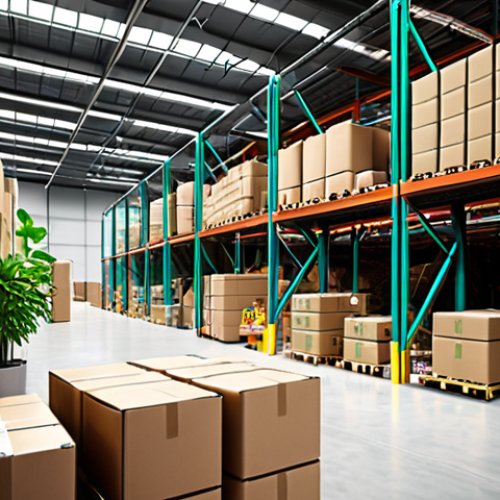Home 15 **
"A vibrant, modern warehouse interior showcasing green logistics practices. Focus on eco-friendly packaging, optimized routing displays, and employees using tablets to manage sustainable supply chain data. The overall scene emphasizes efficiency and environmental responsibility, incorporating elements of nature (e.g., plants, natural light)."
**