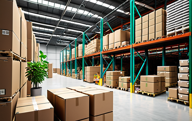 **
"A vibrant, modern warehouse interior showcasing green logistics practices. Focus on eco-friendly packaging, optimized routing displays, and employees using tablets to manage sustainable supply chain data. The overall scene emphasizes efficiency and environmental responsibility, incorporating elements of nature (e.g., plants, natural light)."
**