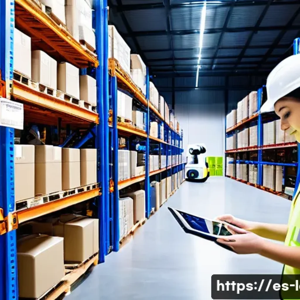 물류정보관리사와 창고 자동화 기술 - **Prompt:** A modern, brightly lit Spanish logistics hub, where a diverse team of male and female wo...