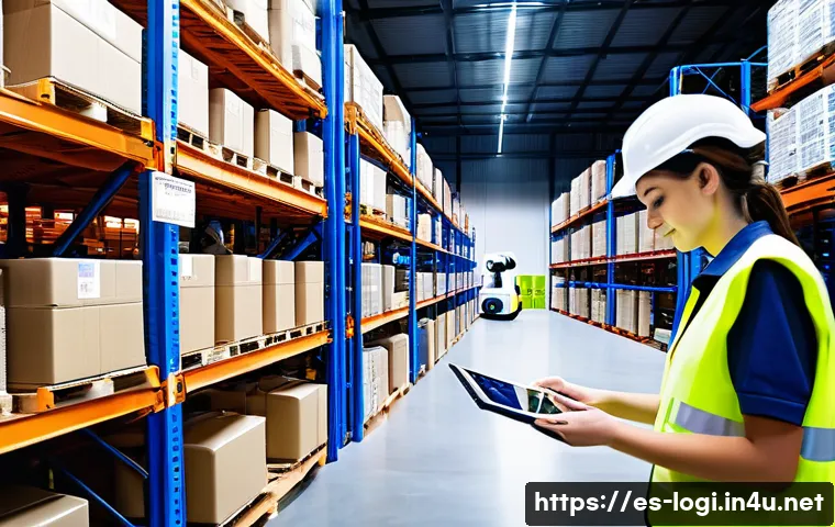 물류정보관리사와 창고 자동화 기술 - **Prompt:** A modern, brightly lit Spanish logistics hub, where a diverse team of male and female wo...