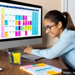 물류정보관리사 시험 준비를 위한 체크리스트 - A focused young adult studying at a modern desk in a cozy, well-lit room with a laptop, digital cale...