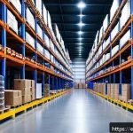 물류정보관리사 자격증과 재고 관리 시스템 - A modern warehouse interior showcasing an organized inventory management system, with neatly arrange...