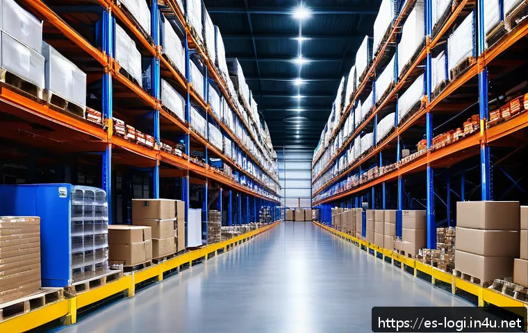 물류정보관리사 자격증과 재고 관리 시스템 - A modern warehouse interior showcasing an organized inventory management system, with neatly arrange...